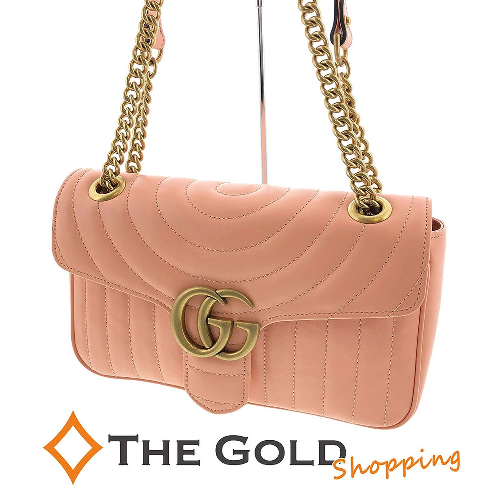 Gucci GG Marmont Quilted Chevron Chain Double GG Shoulder Bag Leather Pink Gold